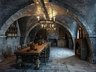 dinner room in medieval castle, 3d model