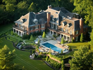  luxury mansion modern design with a pool and a large lawn, aerial view