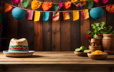 Empty wooden table with Mexican fiesta background