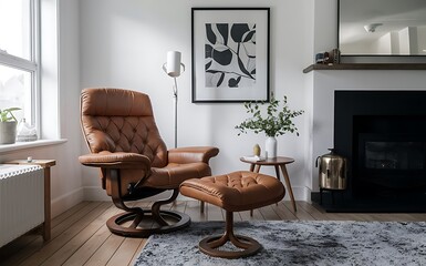 Leather tufted recliner chair against white wall with copy space. Leather chair Scandinavian home interior design of modern living room, living room interior design