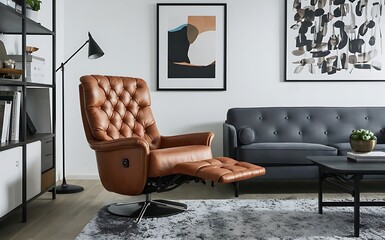 Leather tufted recliner chair against white wall with copy space. Leather chair Scandinavian home interior design of modern living room, living room interior design