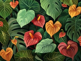 anthurium flower and foliage filled living wall