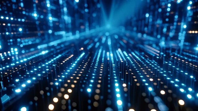 Abstract digital matrix with streaming binary code in neon blue