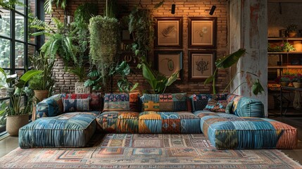 bohemian home decor, a blue and green patchwork ottoman is a chic and functional addition to the bohemian sitting area, enhancing its style