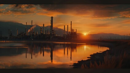Fototapeta na wymiar oil and gas plant at sunset with mountains in the background