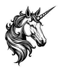 unicorn portrait engraving black and white outline