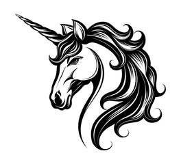 unicorn portrait engraving black and white outline