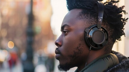 side view Portrait of African american man with african hairstyle using headphone - Powered by Adobe
