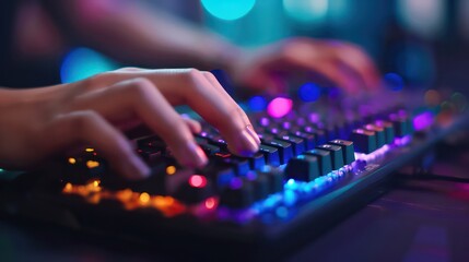 hands typing on gaming keyboard, color lights ambiences
