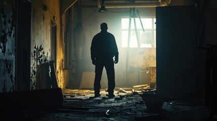 Silhouette of an FBI agent at the crime scene in abandoned warehouse, we see him in a poorly lit room, aesthetic look