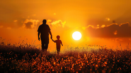Silhouette of father walking with his child while holding hands together in the meadow against sun in sunset. Fathers Day Illustration.