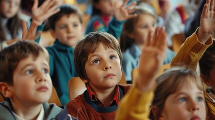 Shot of an unrecognizable group of children sitting in their school classroom and raising their hands to answer a question