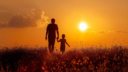 Silhouette of father walking with his child while holding hands together in the meadow against sun in sunset. Fathers Day Illustration.