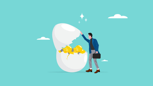 innovative investment idea, profitable investment solutions, businessman opens an egg investment containing many light bulb ideas