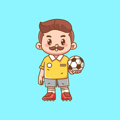 Cute soccer player hold ball kawaii chibi character mascot illustration outline style design