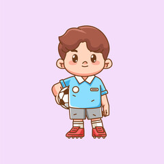 Obraz premium Cute soccer player holding ball kawaii chibi character mascot illustration outline style design