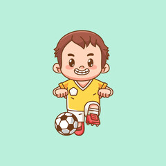 Cute soccer player dancing with ball kawaii chibi character mascot illustration outline style design
