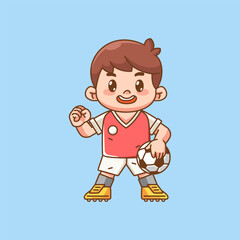 Cute soccer player exited cheer kawaii chibi character mascot illustration outline style design
