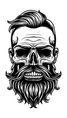 skull beard hipster engraving black and white outline
