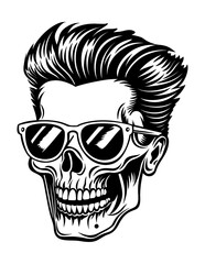 skull hipster sunglasses engraving black and white outline