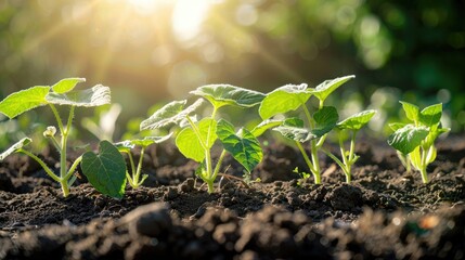 Young cucumber plants growing in sunlight in fertile soil