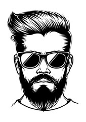 hipster sunglasses beard engraving black and white outline