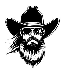 cowboy beard sunglasses engraving black and white outline