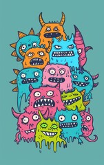 small cute monsters doodle art collection on plain color background