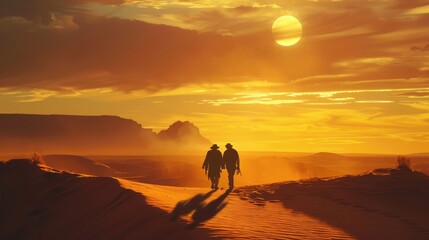 Silhouette of Navajo man and his wife walking on the sand dunes in Monument Valley, aesthetic look