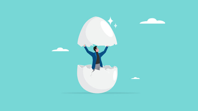 beginners businessman, beginner in starting a new business, newbie businessman comes out of a hatched egg concept vector illustration