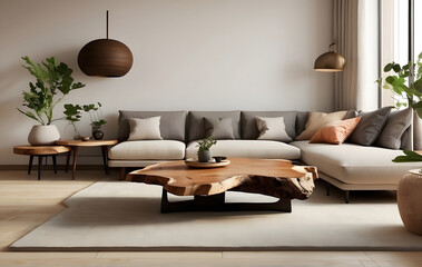 A living room with a couch and a table