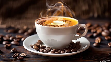 steaming coffee cup with latte art, surrounded by scattered coffee beans on a dark background