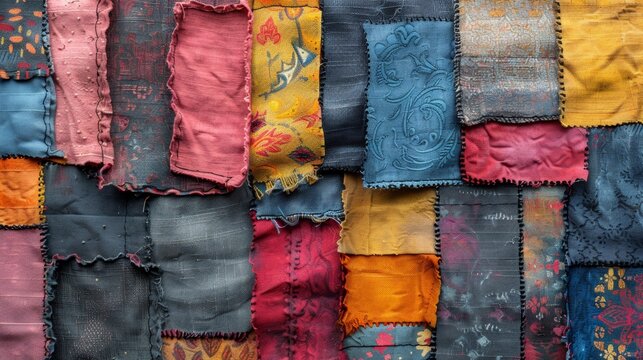 textile patchwork art, various fabric scraps in different patterns and textures arranged on a surface creating a patchwork texture design background