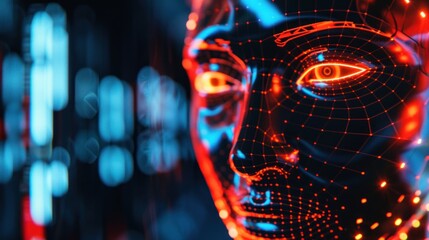 Image of AI or artificial intelligence technology, face between lines and dots