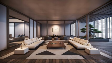 Japanese zen interior design of modern living room, home interior design, japan home interior