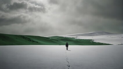 A backdrop of pristine white, a lone figure adorned in green emerges, embodying the spirit of adventure within the immaculate void ai_generated