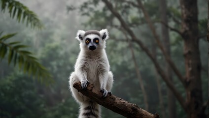 A backdrop of pure white, a lone lemur perches, its striped tail and bright eyes a captivating contrast against the pristine canvas, embodying curiosity in the void ai_generated
