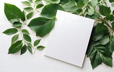 White table backdrop with birthday and wedding card mockups surrounded by green leaves, Blank White Mockup Concepts