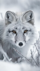 Fototapeta premium Arctic fox, snowy ice, camera-curious, ice wall backdrop, high-res photo. copy space