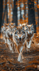 Obraz premium grayscale Wolf pack in motion, real photo, high resolution, sharp focus, soft light, bokeh background.