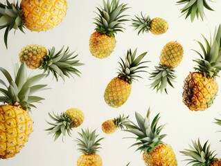 pineapples flying on air over a white background