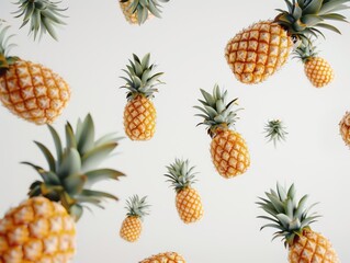 pineapples flying on air over a white background