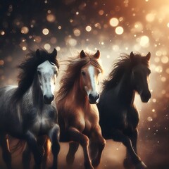 Obraz na płótnie Canvas Majestic Wild Horses in Mist Enigmatic Dark Bokeh Wallpaper ai generated