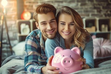 Young couple in a cozy home setting with a piggy bank