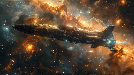 Imagine a starship navigating through a complex galaxy, its path lit by stars, with a distant nebula glowing softly ahead