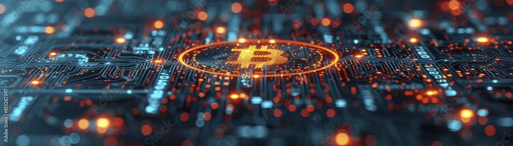 Wall mural abstract representation of digital networks and cryptocurrency flow, with floating coins and neon li