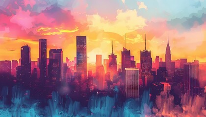 Portray a city skyline at sunset, with the silhouette of skyscrapers outlined against a colorful sky painted in hues of orange and pink