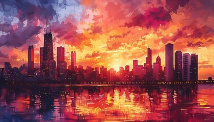 Fototapeta premium Portray a city skyline at sunset, with the silhouette of skyscrapers outlined against a colorful sky painted in hues of orange and pink