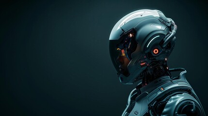 Portray a contemplative cyborg, its mechanical and human features blending seamlessly, against a dark background with copy space