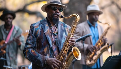 Obraz premium Portray a lively jazz festival, with multiple bands performing on outdoor stages, filling the air with infectious grooves and improvisation